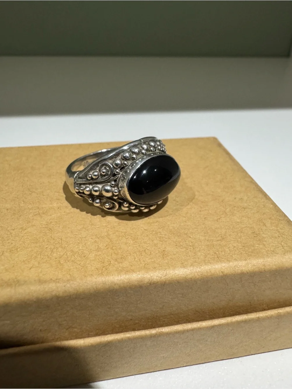 Vintage Balinese Black Onyx Cabochon Sterling Silver Ring